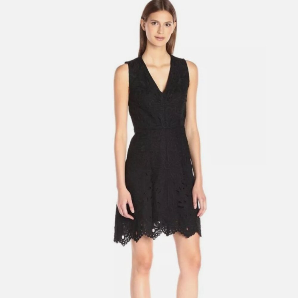 Theory Eyelet Linen Cotton Dress Little Black Summer Dress Size 6 Embroidered